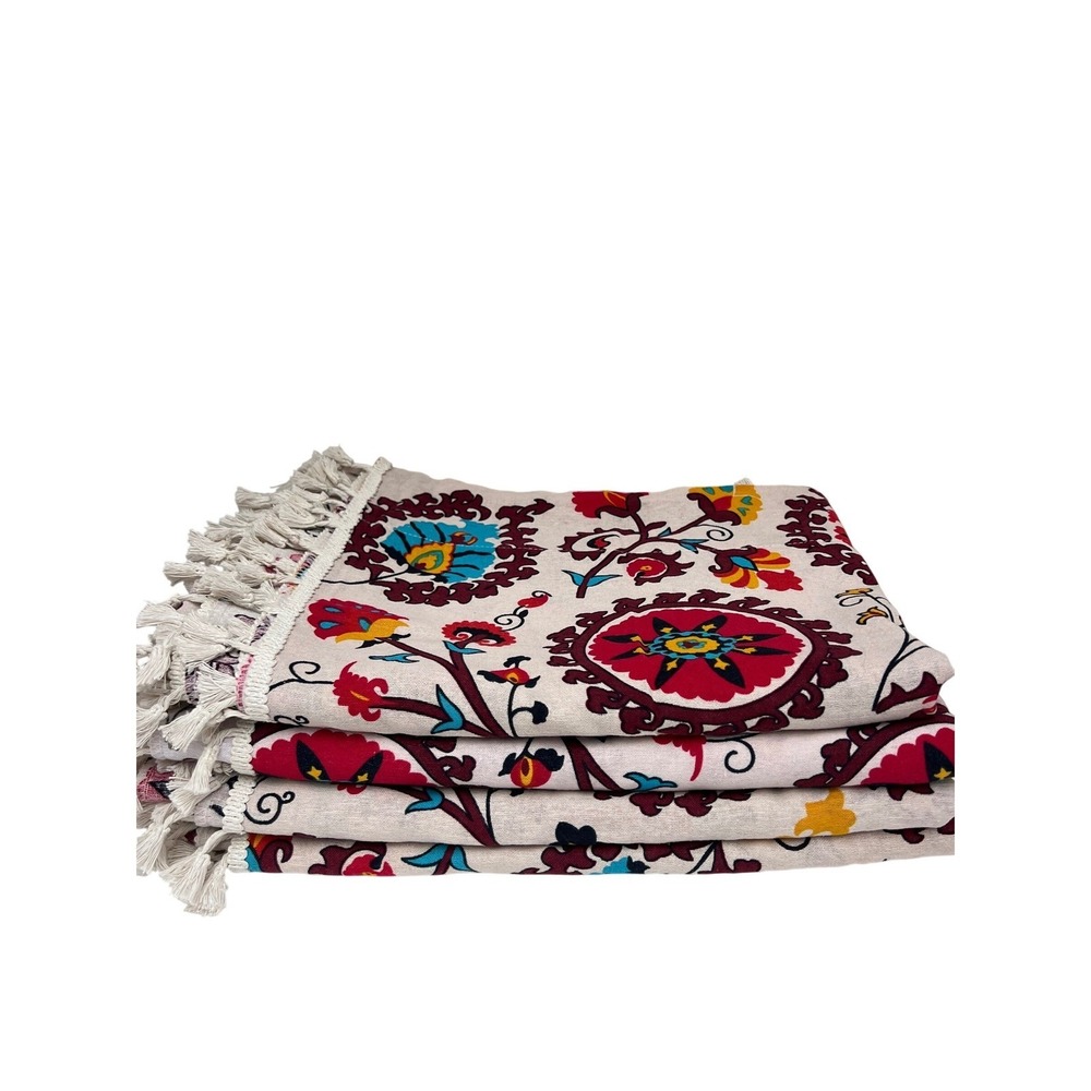 Suzani Style Curtains Cotton Blend Floral Boho Tassel Fringe 56x84 (4 panels) - Picture 7 of 10